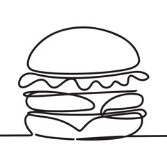 Line art illustration of a classic burger with layered ingredients, perfect for food, restaurant, and fast-food related designs or projects.