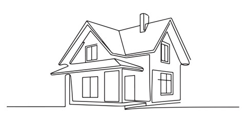 Simple House Icon - Minimalist Line Art Illustration of a House with Roof and Windows