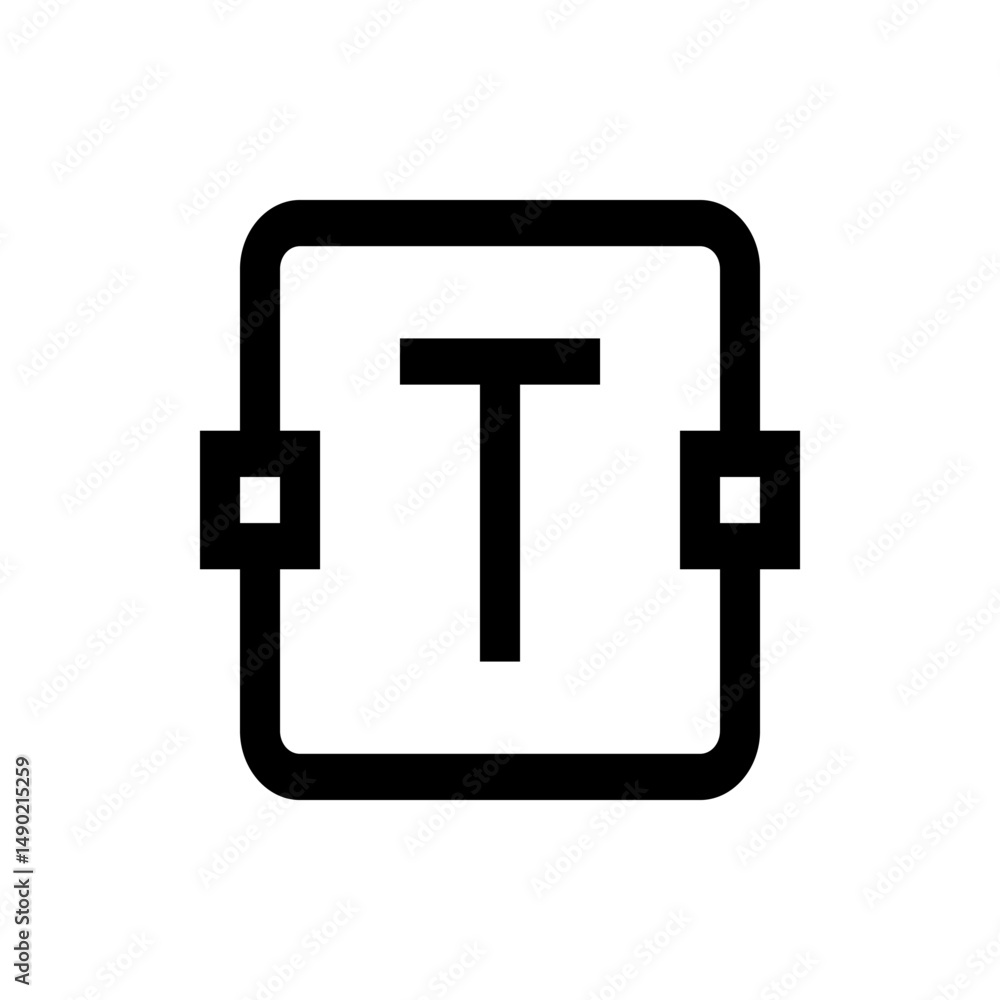 Poster letter t centered in a square with connectors on either side in a simple black and white design styl