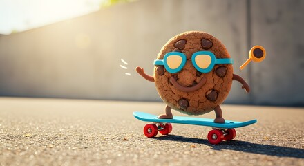 A cookie character with sunglasses riding a skateboard on a sunny background outdoors