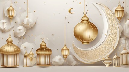 Elegant golden crescent moon and lanterns create a festive atmosphere perfect for celebrations.