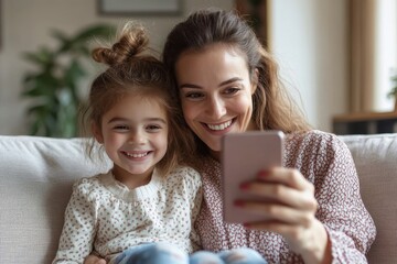 Cheerful mother and little girl taking selfie sitting on couch, family spending time together, happy mom and daughter making video call