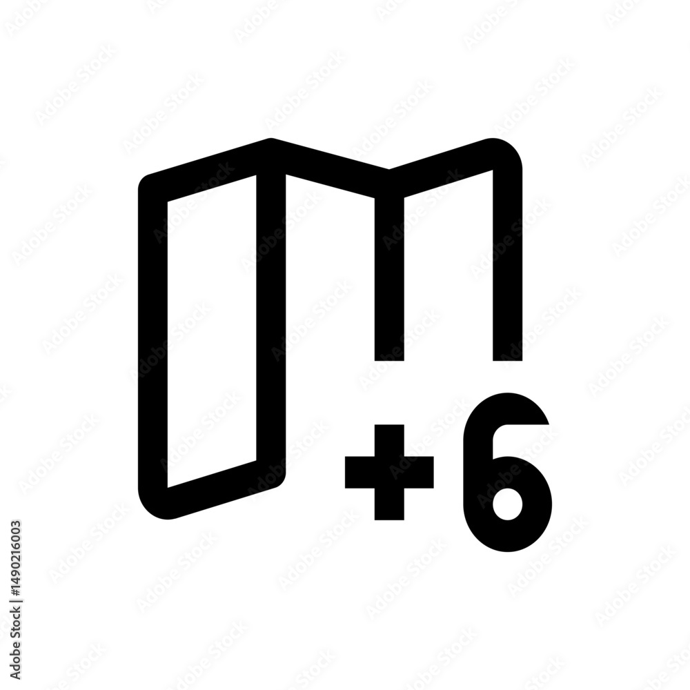 Poster illustration of a folded map icon with a plus sign and the number six on a white background design