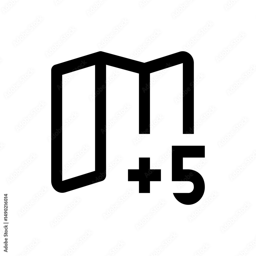 Poster illustration of a stylized folder icon with a plus sign and the number five next to it in black outl