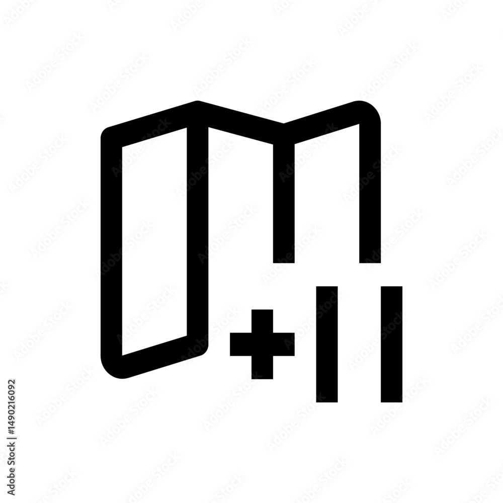 Poster illustration of a folded map icon with a plus symbol and two vertical bars in a simple black outline