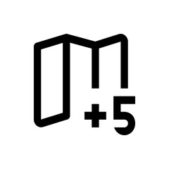 Illustration of a stylized folder icon with a plus sign and the number five next to it in black outline