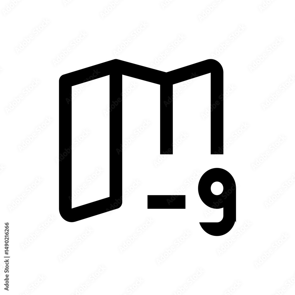 Poster a simple black and white icon depicting a stylized map with a minus sign and the number nine below i
