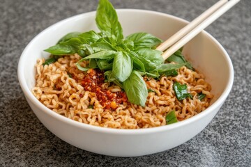 Delicious noodle bowl with fresh basil and chopsticks overhead flat lay