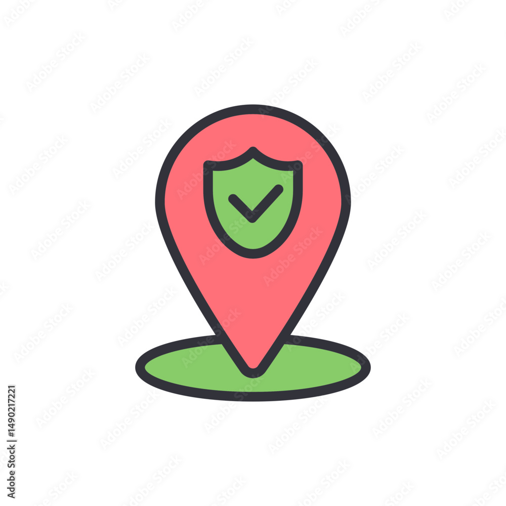 Poster secured location pin with shield icon for security assurance