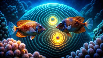 Fototapeta premium Oceanic Encounter Two Vibrant Fish Gaze Upon an Enigmatic Underwater Formation, Illuminated by Mystical Glowing Circles