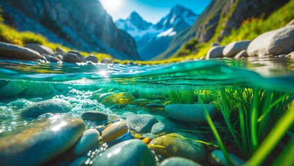 Mountain river flowing among rocks and grass in a sunny landscape