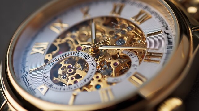 Intricate Gold Skeleton Watch Close-up Detail of Mechanical Movement
