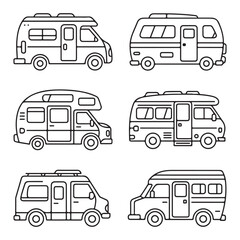 Camper Van Icons Collection - Line Art Illustrations of Recreational Vehicles for Camping and Travel Use
