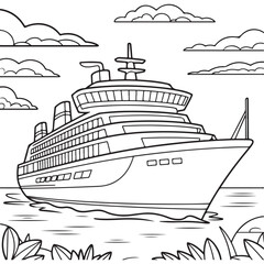 Obraz premium Line art of a luxury cruise ship sailing on the ocean with clouds and the sun in the background, ideal for travel-related projects and coloring books.