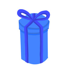 Blue Gift Box Vector Illustration on white background. Hand drawn present with blue ribbon. Cartoon wrapped package, holiday surprise, festive birthday decoration