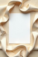 Fototapeta premium Blank white cards on beige fabric, elegant ribbons , greeting cards, branding, invitation template