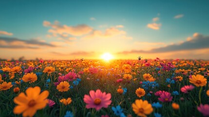 Fototapeta premium Sunset Sereneity: A Vibrant Field of Blossoms