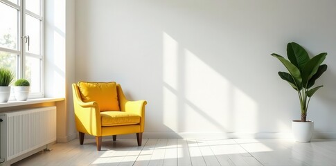 Fototapeta premium Bright white living room, yellow armchair, copy area, home, background, white