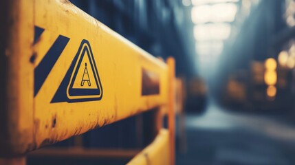 Close up yellow safety barrier with warning sign in industrial setting