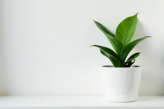 Close-up of snake plant in pot, white shelf, white wall backdrop Ample copy space , botanical, interior design, houseplant - Powered by Adobe