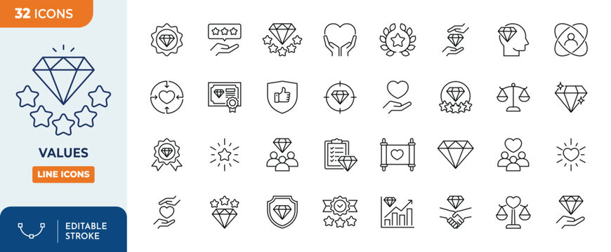 Values icon set. Outline Icon Collection. Editable stroke. Vector illustration	