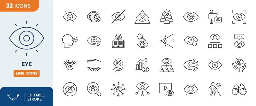 Eye icon set. Containing eyes, see, visible, surveillance, view, vision, witness, looking at, supervision, focus, and more. Outline Icon Collection. Editable stroke. Vector illustration	