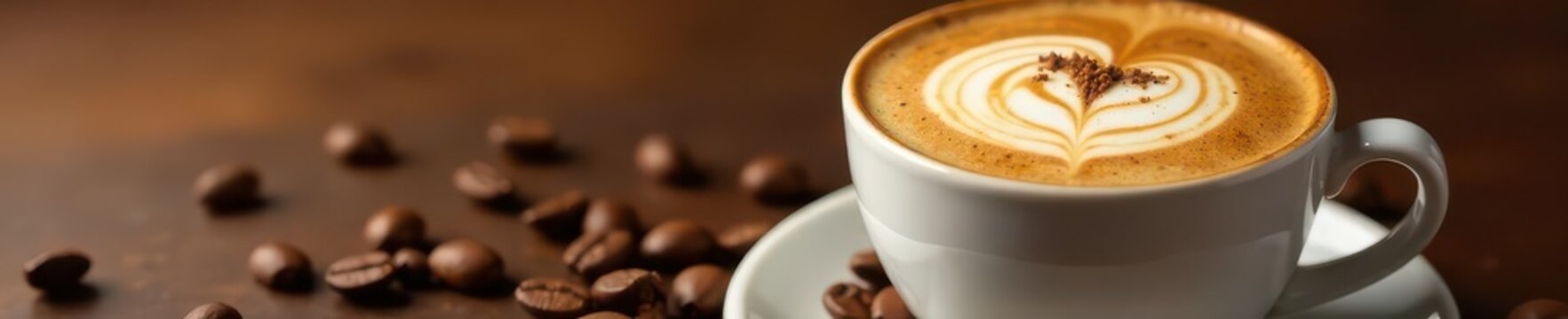 Creamy cappuccino closeup, coffee beans scattered on brown backdrop, delicious, rich, hot