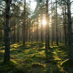 Fototapeta premium Sunlit Mossy Pine Forest Golden Hour Tranquility,
