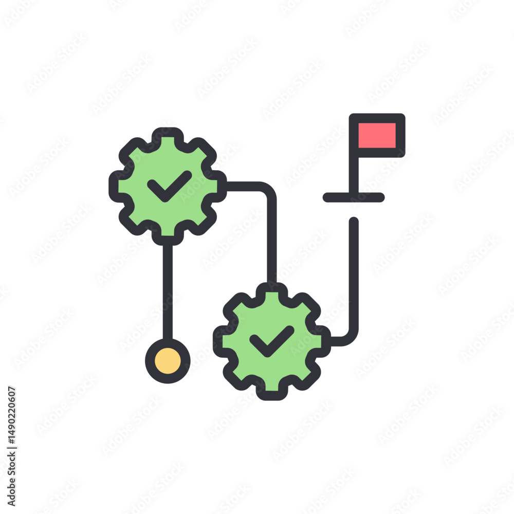 Poster gear system with checkmarks and flag representing workflow completion