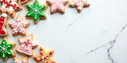 Cute Christmas cookies forming a top-down corner border on a white marble surface , copy space, sweet, marble
