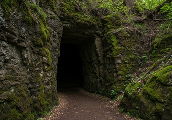Obraz premium Dark cave entrance in rugged, mossy rock with a dirt path.