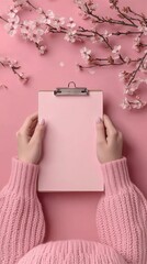 Obraz premium Gentle Hands Holding a Blank Pink Clipboard