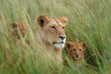 Naklejka premium Lioness and Cubs Hidden in the Tall Green Grass