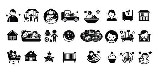 Family and Baby Vector Illustration Set – Heartwarming Scenes of Home, Parenting & Childhood, baby vector, baby sleeping illustration, children playing vector, family vector, family home icon.