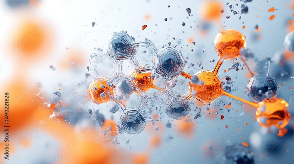 Poster close up of abstract molecular structure with orange and silver spheres and hexagonal patterns