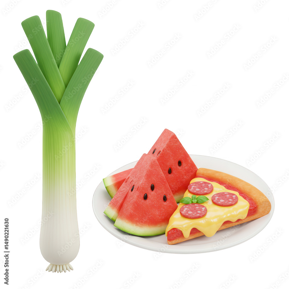 Poster leek watermelon slices and pizza slice on plate isolated on transparent background