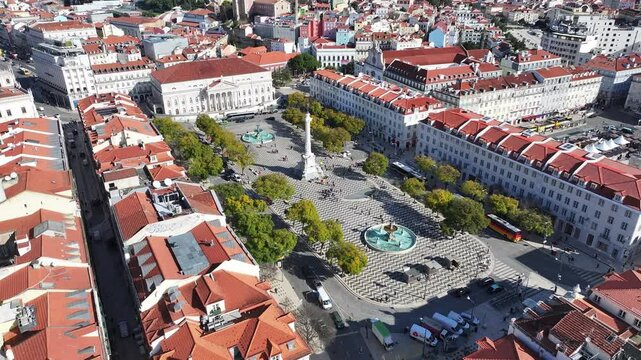 Dom Pedro Iv Square At Lisbon District Of Lisbon Portugal. Drone Capturing The Beauty Square In The Center Of City. Business Sky Clouds Downtown Cityscape. Business Downtown Panoramic City.