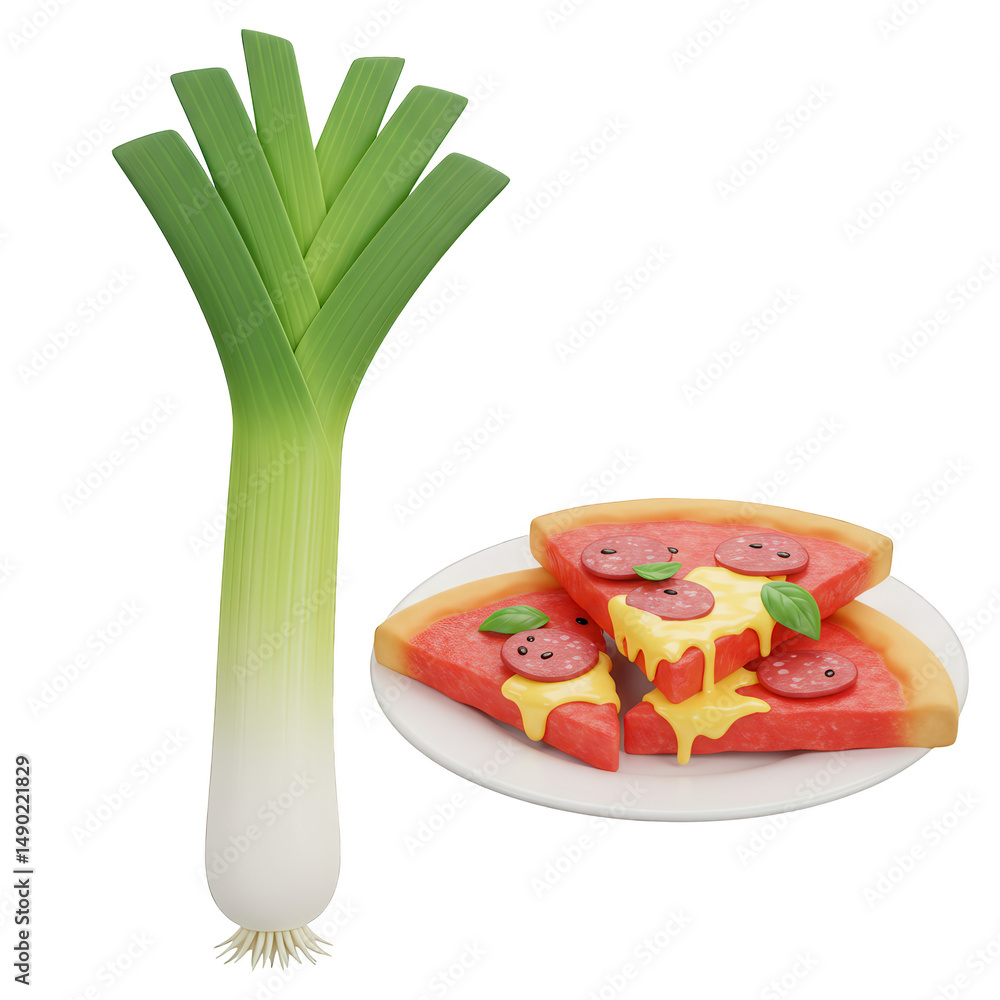 Poster 3d render of leek and pizza slices on plate isolated on transparent background