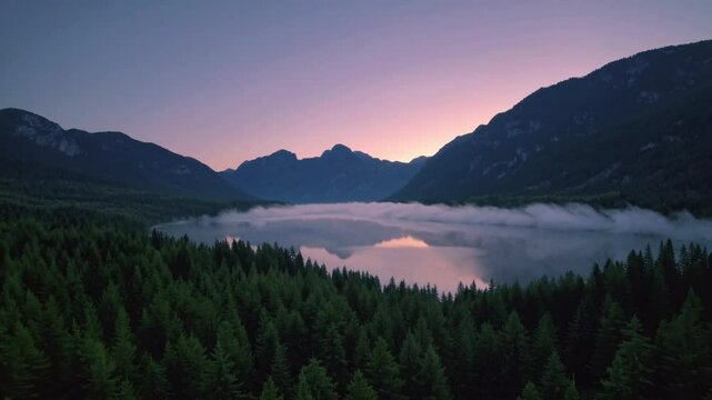 Ariel view of misty mountain lake during sunrise. Summer sunset sky. Panoramic landscape sunset in Nature park. 4K Grand Teton National park, USA. Pink skyline sunset mountains. Wilderness travel colo