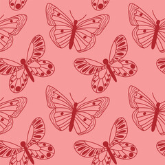 Seamless Pattern of Red Butterflies on Pink Background. An elegant and artistic seamless pattern featuring red butterflies on a soft pink backdrop, emphasizing beauty and nature's delicate artistry.