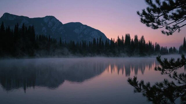 Ariel view of misty mountain lake during sunrise. Summer sunset sky. Panoramic landscape sunset in Nature park. 4K Grand Teton National park, USA. Pink skyline sunset mountains. Wilderness travel colo
