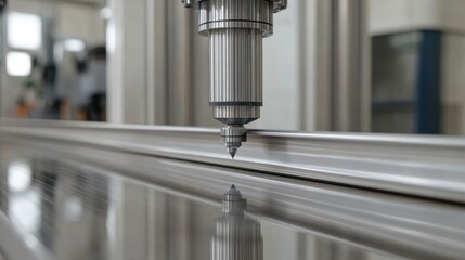 Precision industrial process metallic nozzle descending onto reflective surface