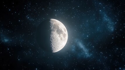 Half Moon in Starry Deep Space with Nebula moon space nebula stars night sky universe astronomy dark