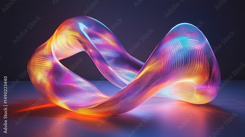 Poster abstract torus shape with iridescent surface and glowing edges on a dark background surface