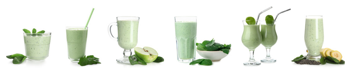 Set of fresh spinach smoothie on white background