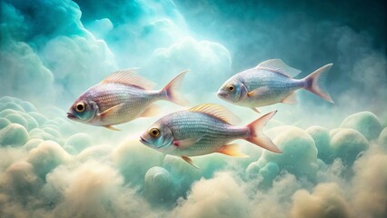 Fototapeta premium Serene Aquatic Trio Three Elegant Fish Gracefully Navigate a Dreamlike Underwater Landscape of Soft, Pastel Clouds