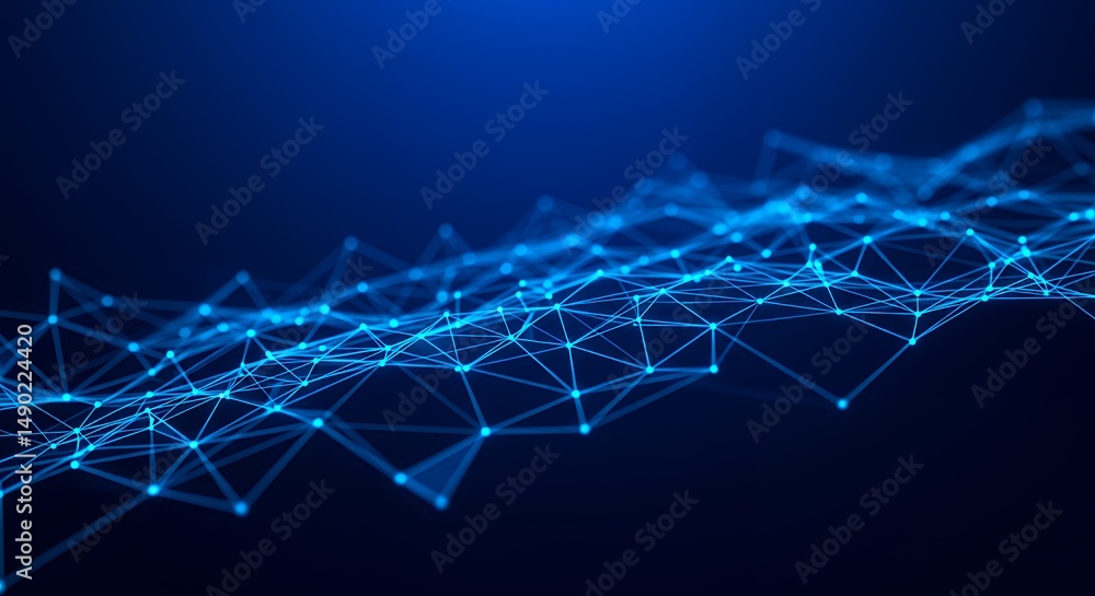 Poster abstract digital network connection: blue plexus lines and nodes forming a wavy pattern