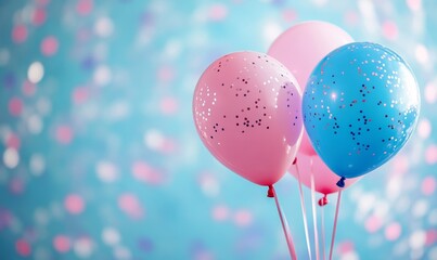 Pink and blue balloons and confetti background with copy space for festive gender reveal party or baby shower backdrop