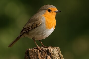 Fototapeta premium Charming little bird perched gracefully on a wooden stump amidst a lush green background during a serene afternoon Generative AI