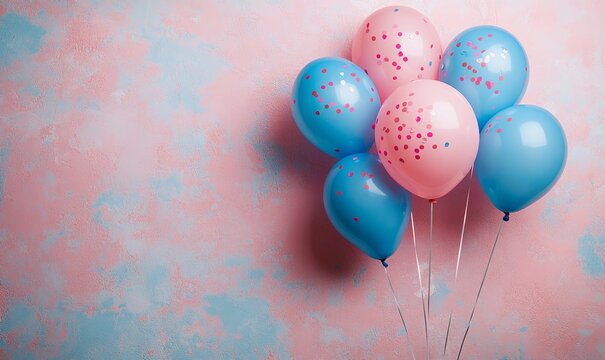 Pink and blue balloons and confetti background with copy space for festive gender reveal party or baby shower backdrop